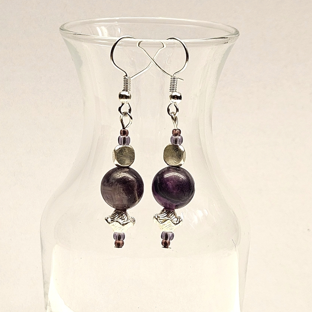 Purple Fluorite Stone Beaded Earrings